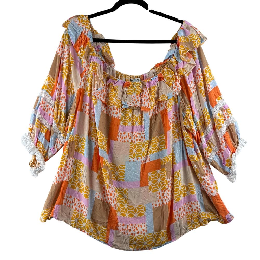 Cato Off Shoulder Blouse Women's 22-24W/3X Ruffle Patchwork Print Lace Flowy - Picture 1 of 11